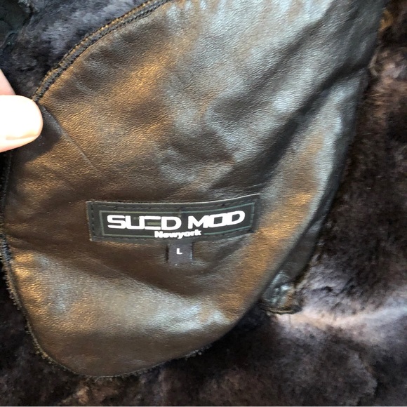 Real Shearling Coat Sued Mod New York Black Genuine Leather jacket sz L - Picture 3 of 6
